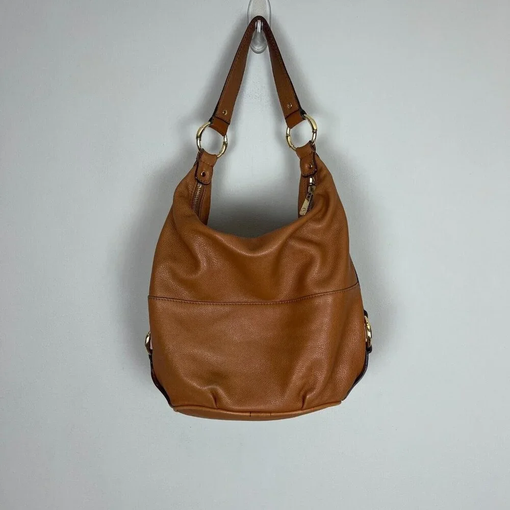 Michael Kors Leather Hobo Handbag Shoulder Bag Gold Plated Hardware Fulton Brown